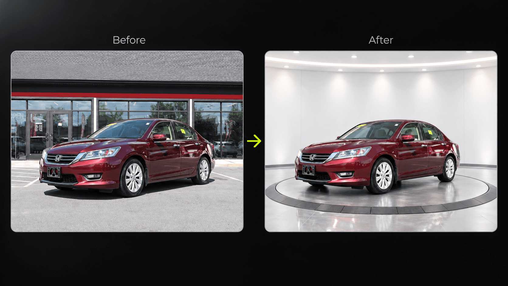 Before-and-after example of a red Honda Accord outside a dealership and in a bright studio setting.