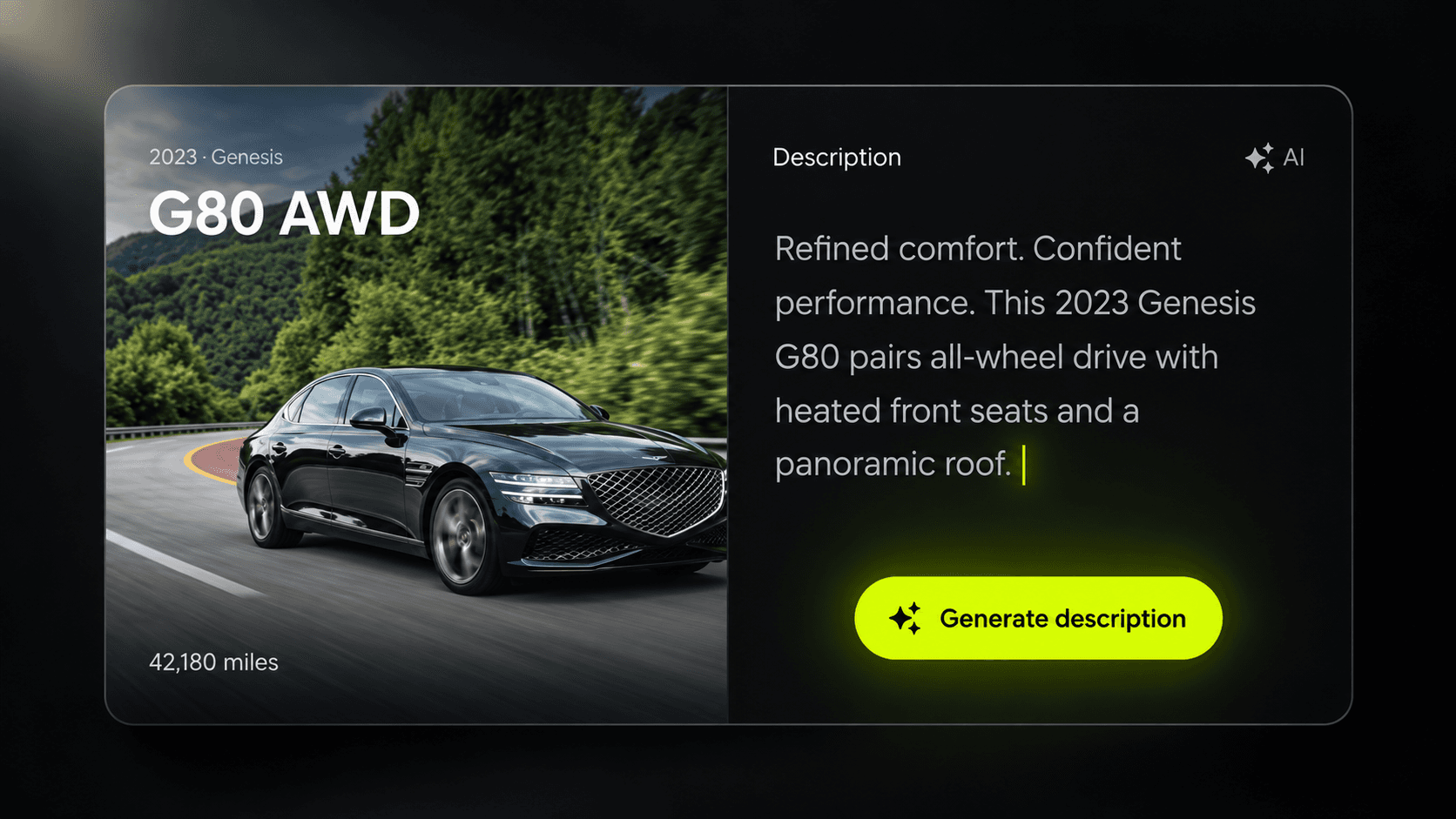 Dealer Shock vehicle description visual showing a Genesis G80 beside an AI-written introduction and a Generate description button.