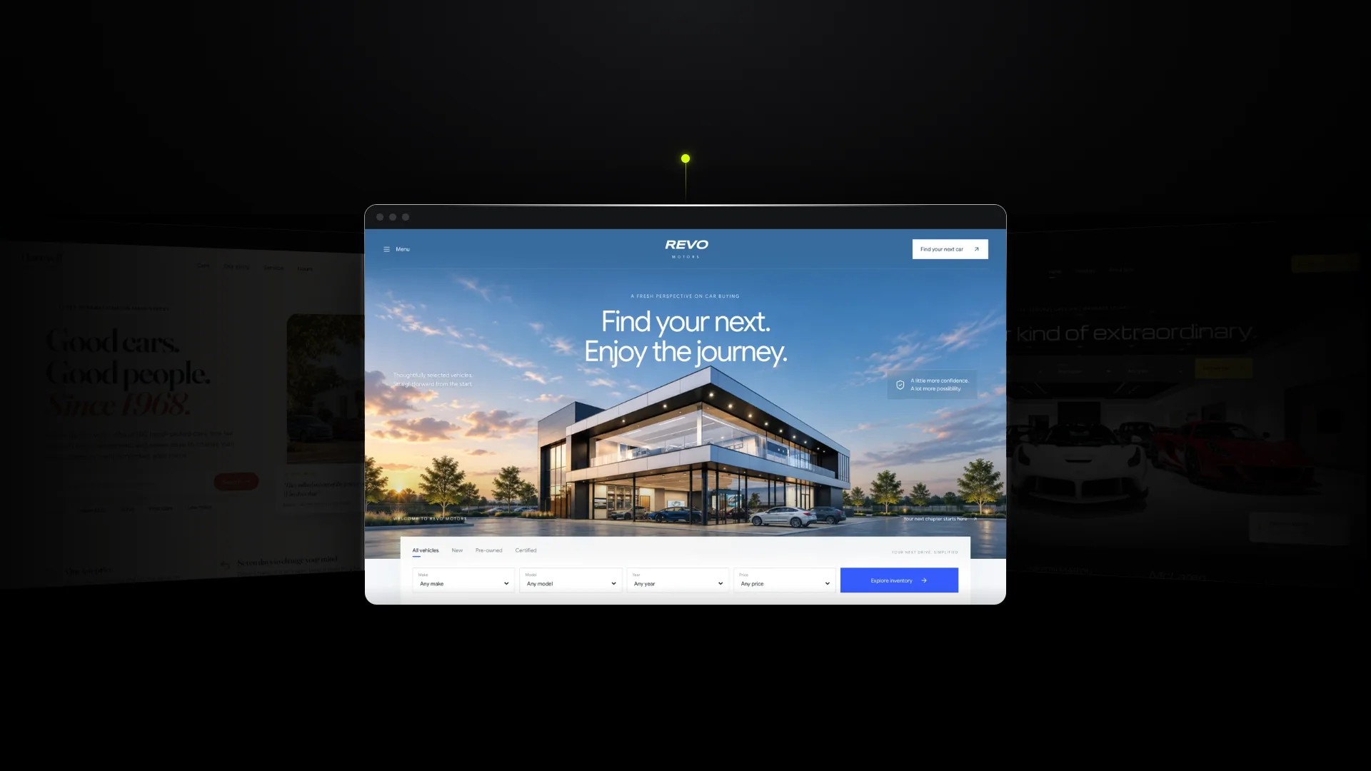 An example dealership website in a browser window, lit from above and marked by a small lime dot, with two dimmed example sites angled away on either side.