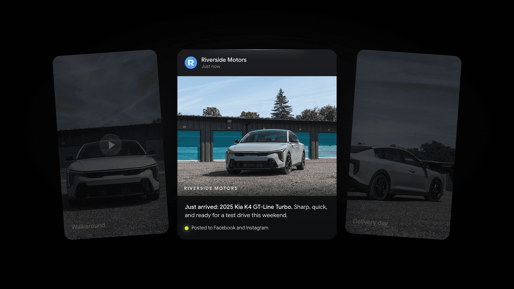 A new arrival post for a 2025 Kia K4 from an example dealership, with a branded photo and a short caption, between dimmed walkaround video and delivery day posts.