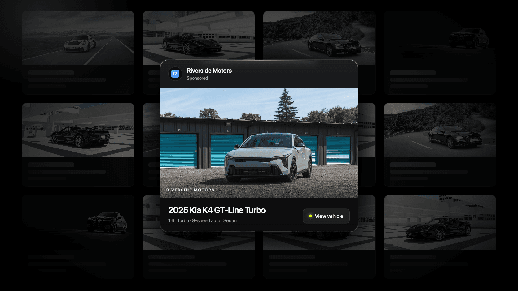 A Riverside Motors sponsored vehicle listing for a 2025 Kia K4 GT-Line Turbo, shown in front of a grid of local vehicle listings.