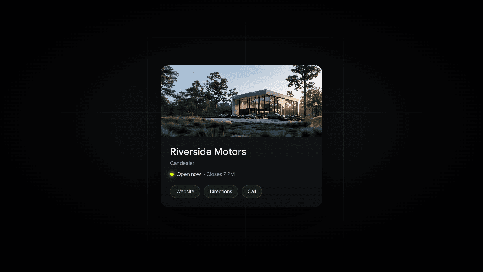 A Google Business Profile panel for an example dealership, with a storefront photo, the Car dealer category, Open now marked by a small lime dot, and Website, Directions, and Call buttons.