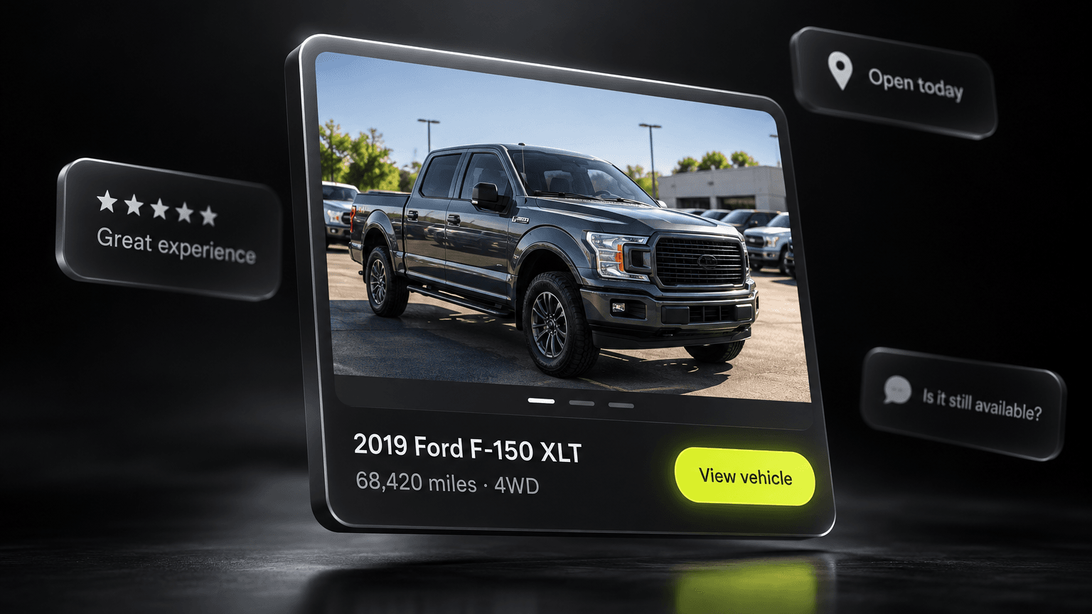A vehicle ad for a 2019 Ford F-150 XLT with a View vehicle button, surrounded by a five-star review, an Open today map listing, and an Is it still available? message.
