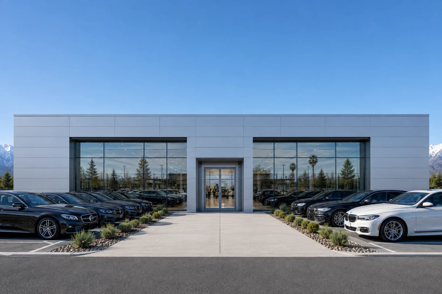 Vehicles outside a dealership showroom
