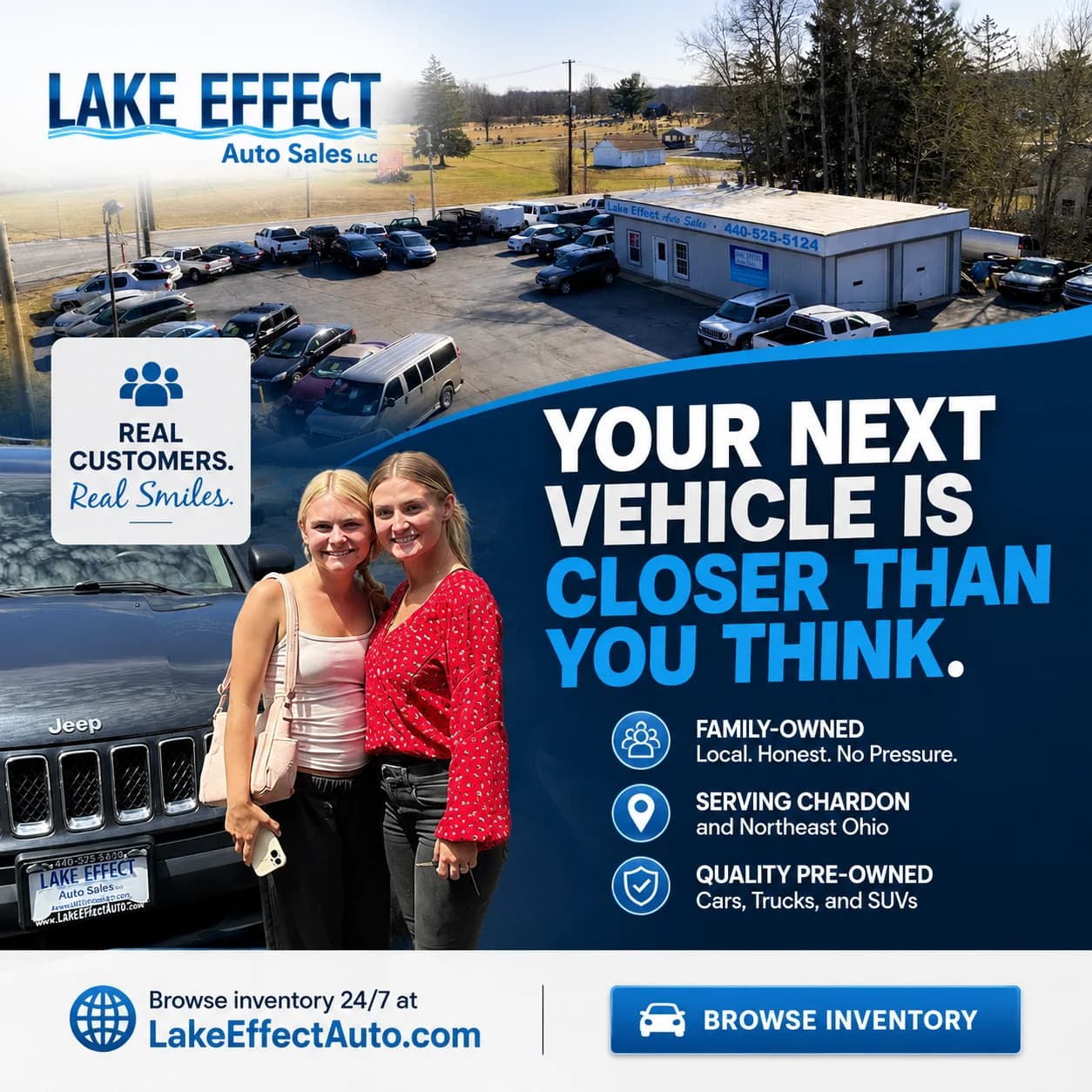 Lake Effect advertisement featuring the dealership, smiling customers, and the message Your next vehicle is closer than you think