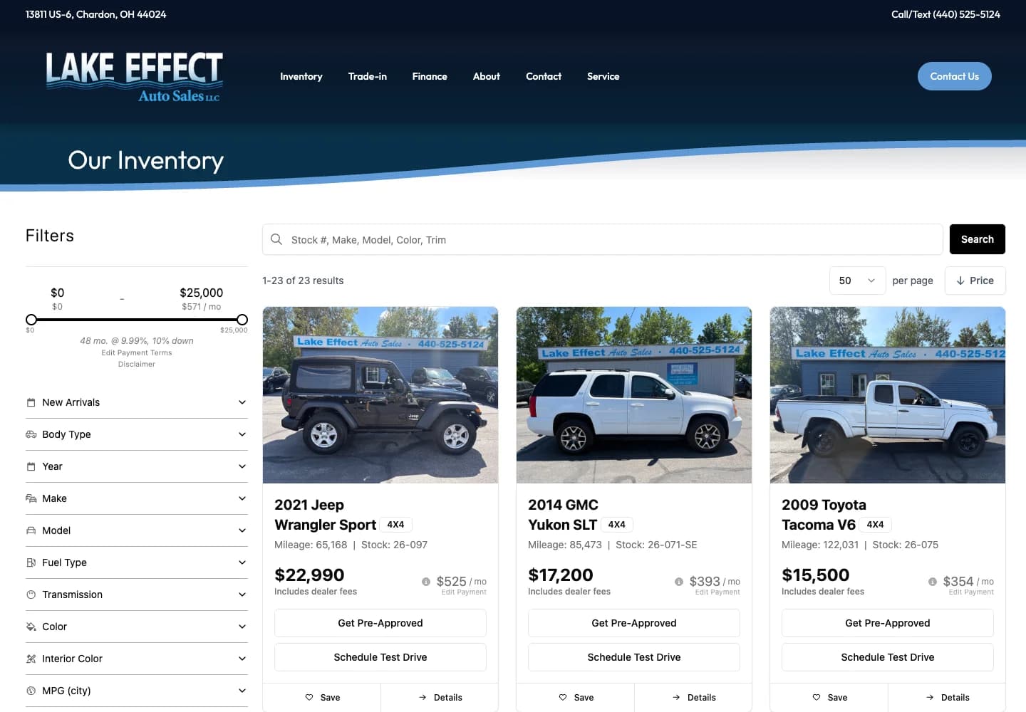 Lake Effect inventory search with vehicle filters, photos, pricing, and monthly payment estimates