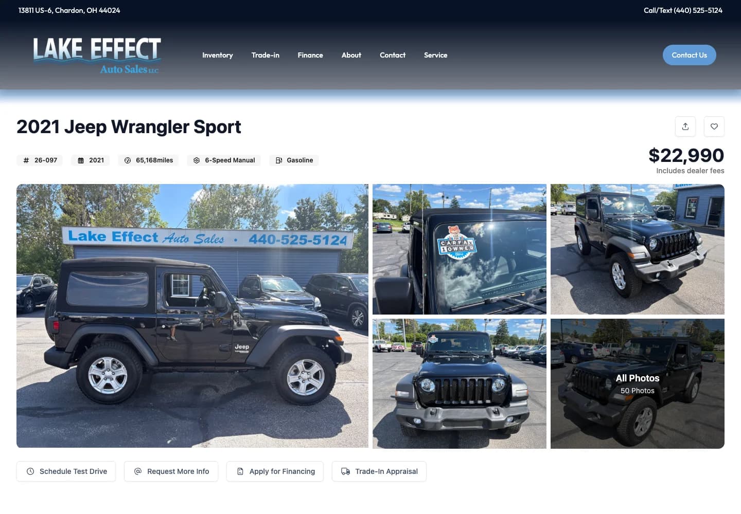 Lake Effect vehicle detail page with a vehicle photo gallery and options to contact the dealership