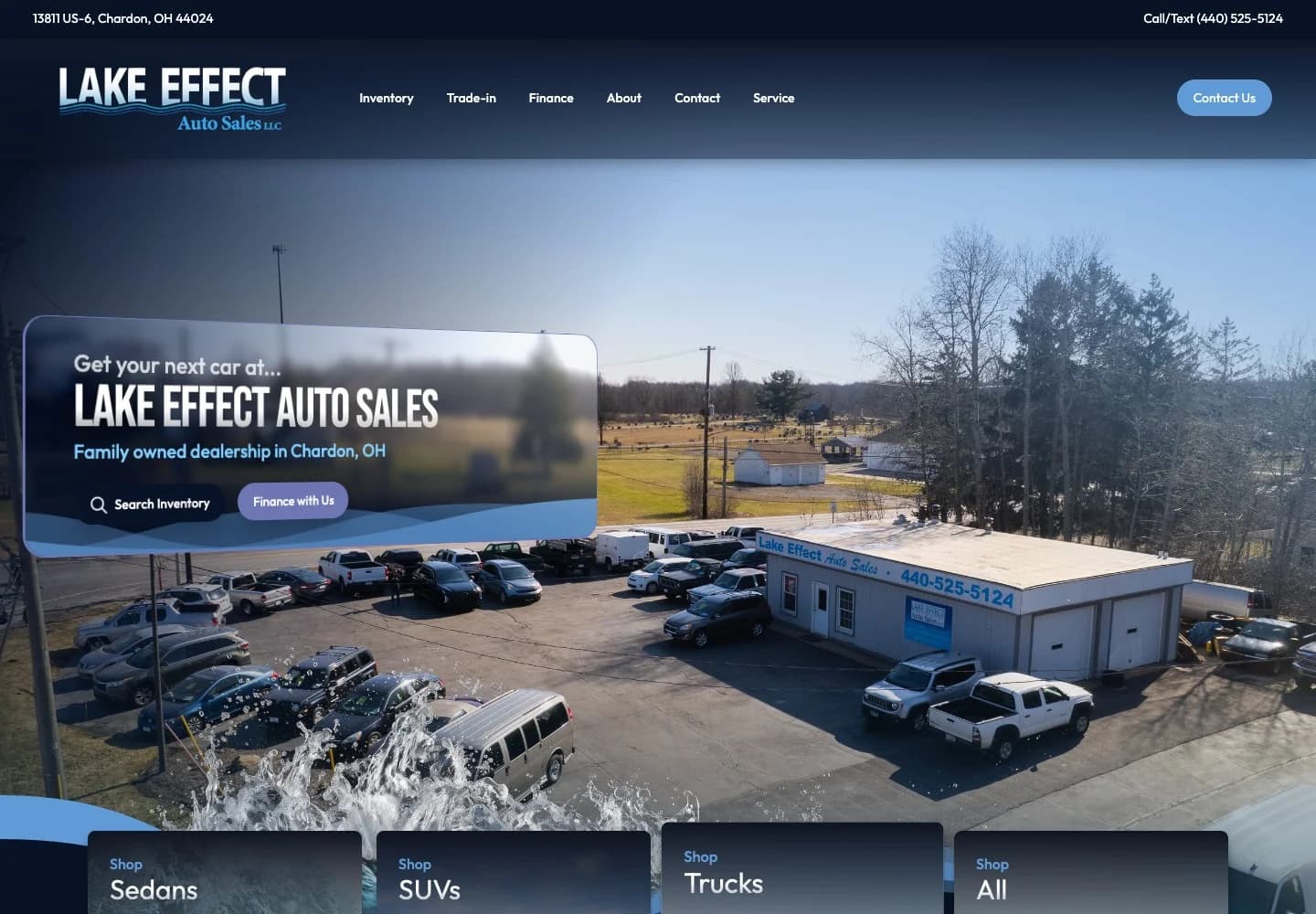 New Lake Effect website with aerial dealership photography, refreshed branding, and water effects