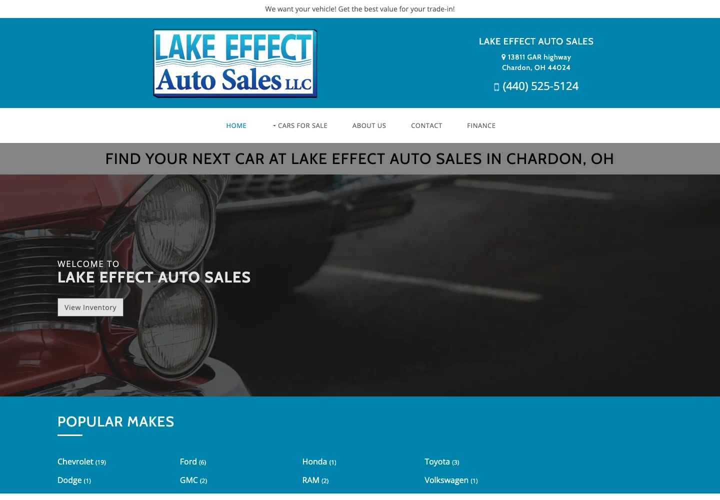 Previous Lake Effect website with a stock classic-car photograph and a generic blue template