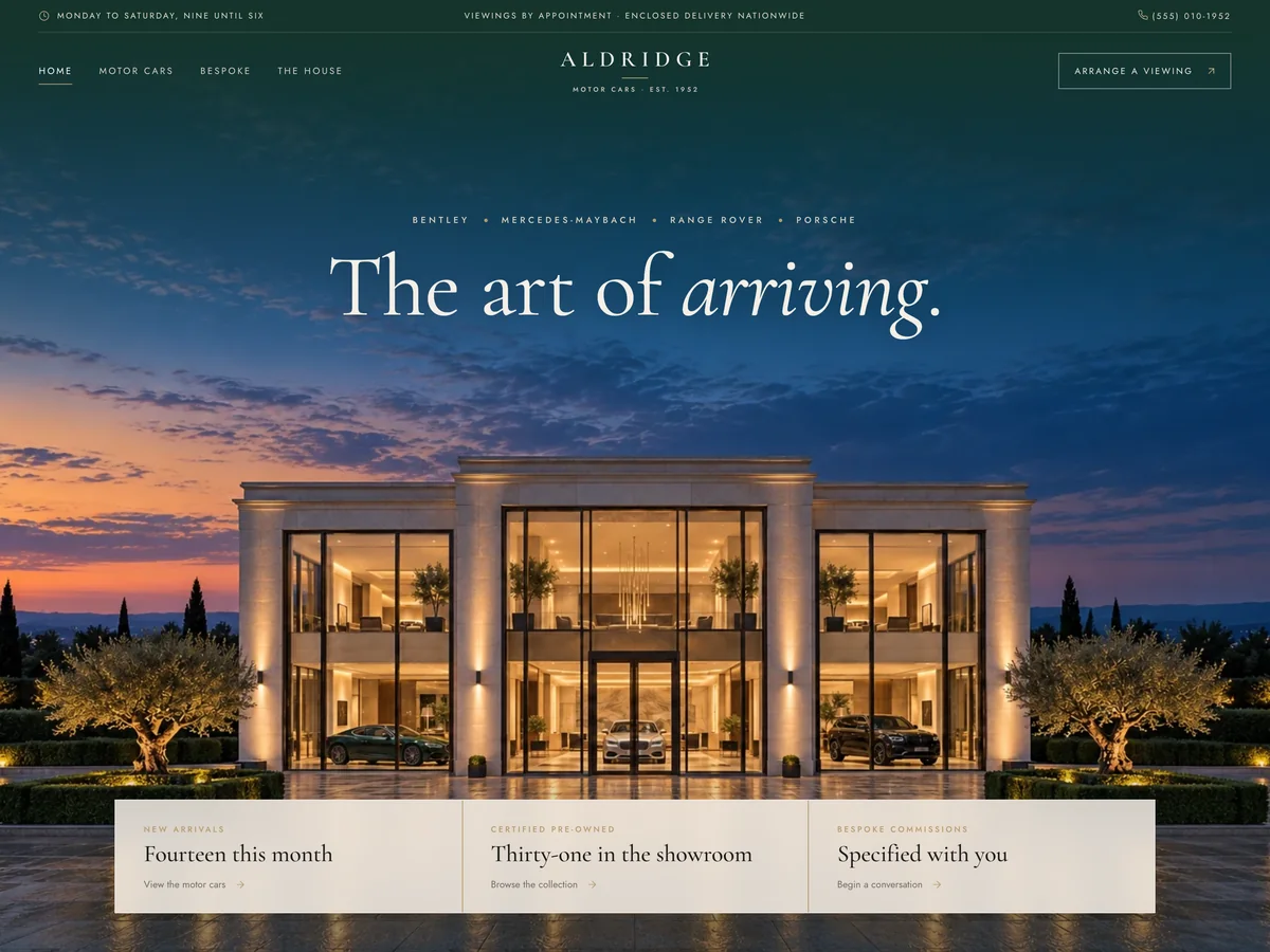 Aldridge Motor Cars, an example luxury dealership website, on desktop