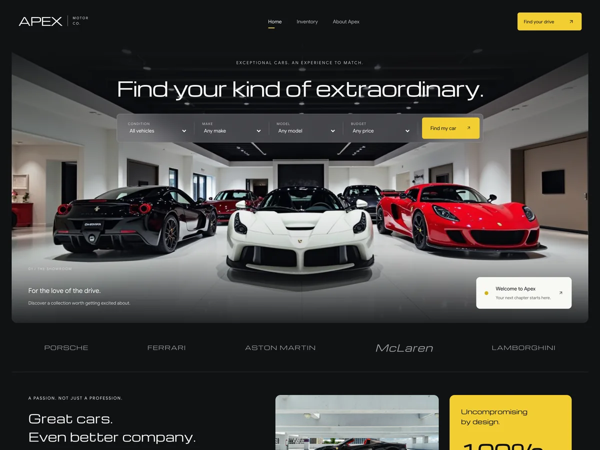 Apex Motor Co., an example exotic car dealership website, on desktop