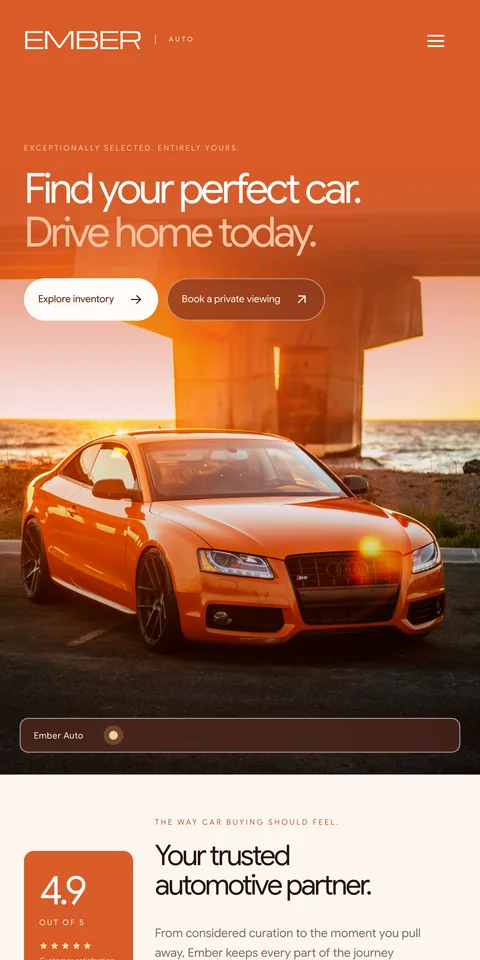 Ember Auto, an example performance dealership website, on a phone