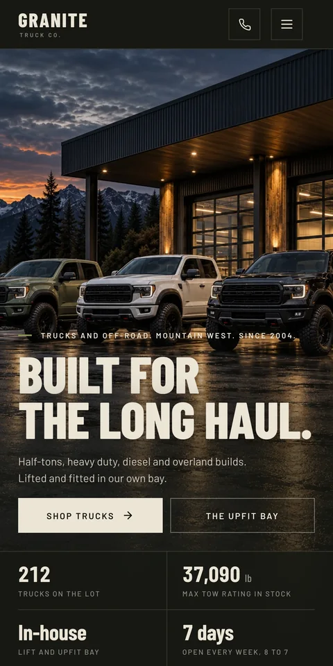 Granite Truck Co., an example truck dealership website, on a phone