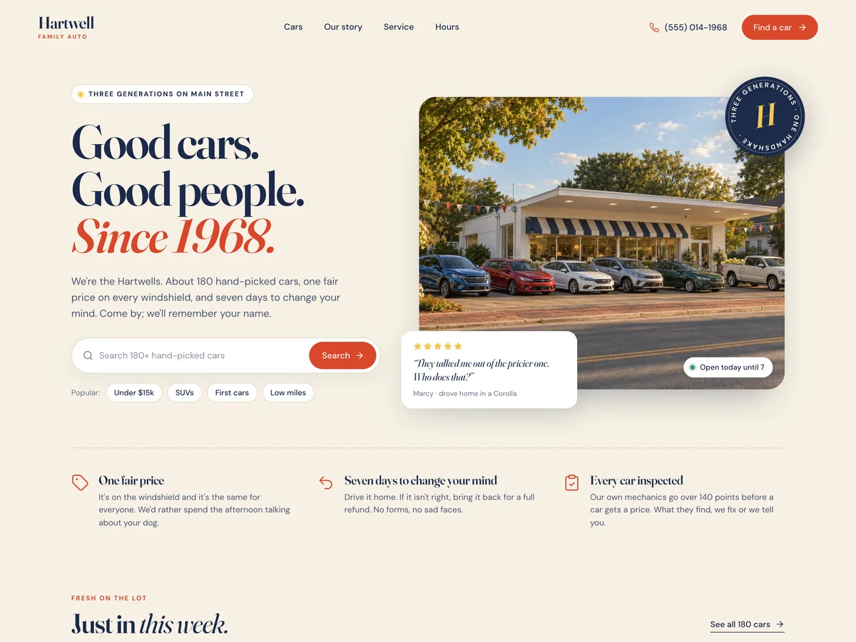 Hartwell Family Auto, an example family-owned used car dealership website, on desktop