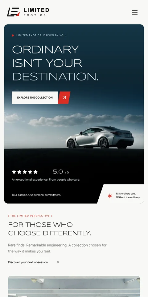 Limited Exotics, an example exotic car dealership website, on a phone