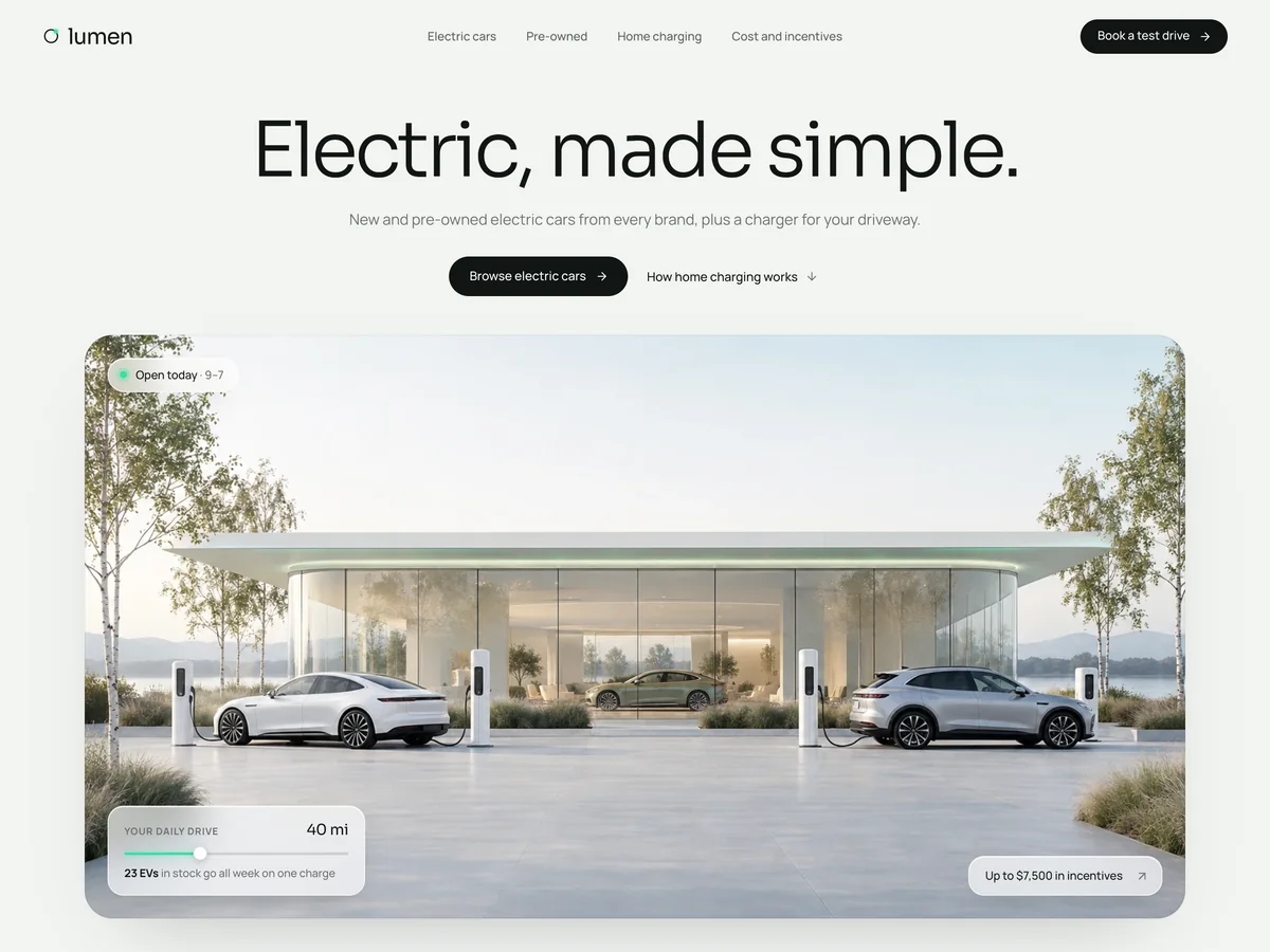 Lumen Electric, an example electric vehicle dealership website, on desktop