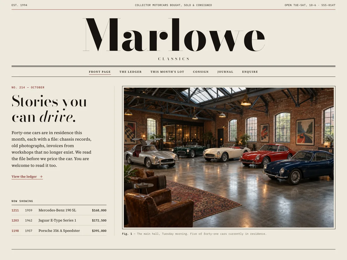 Marlowe Classics, an example classic car dealership website, on desktop