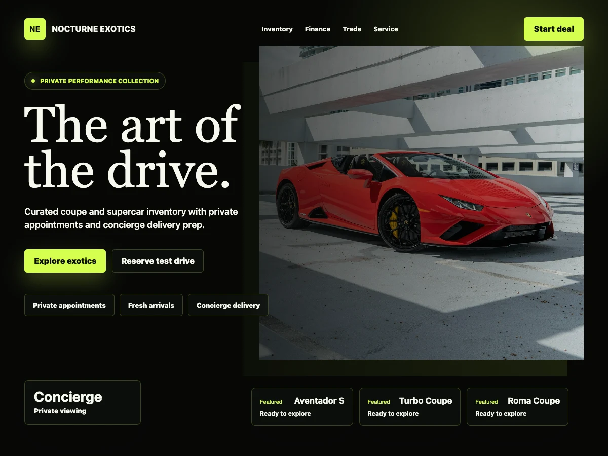 Nocturne Exotics desktop website concept with a red supercar