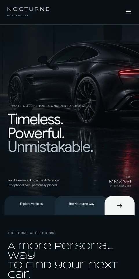 Nocturne Motorhouse, an example luxury dealership website, on a phone