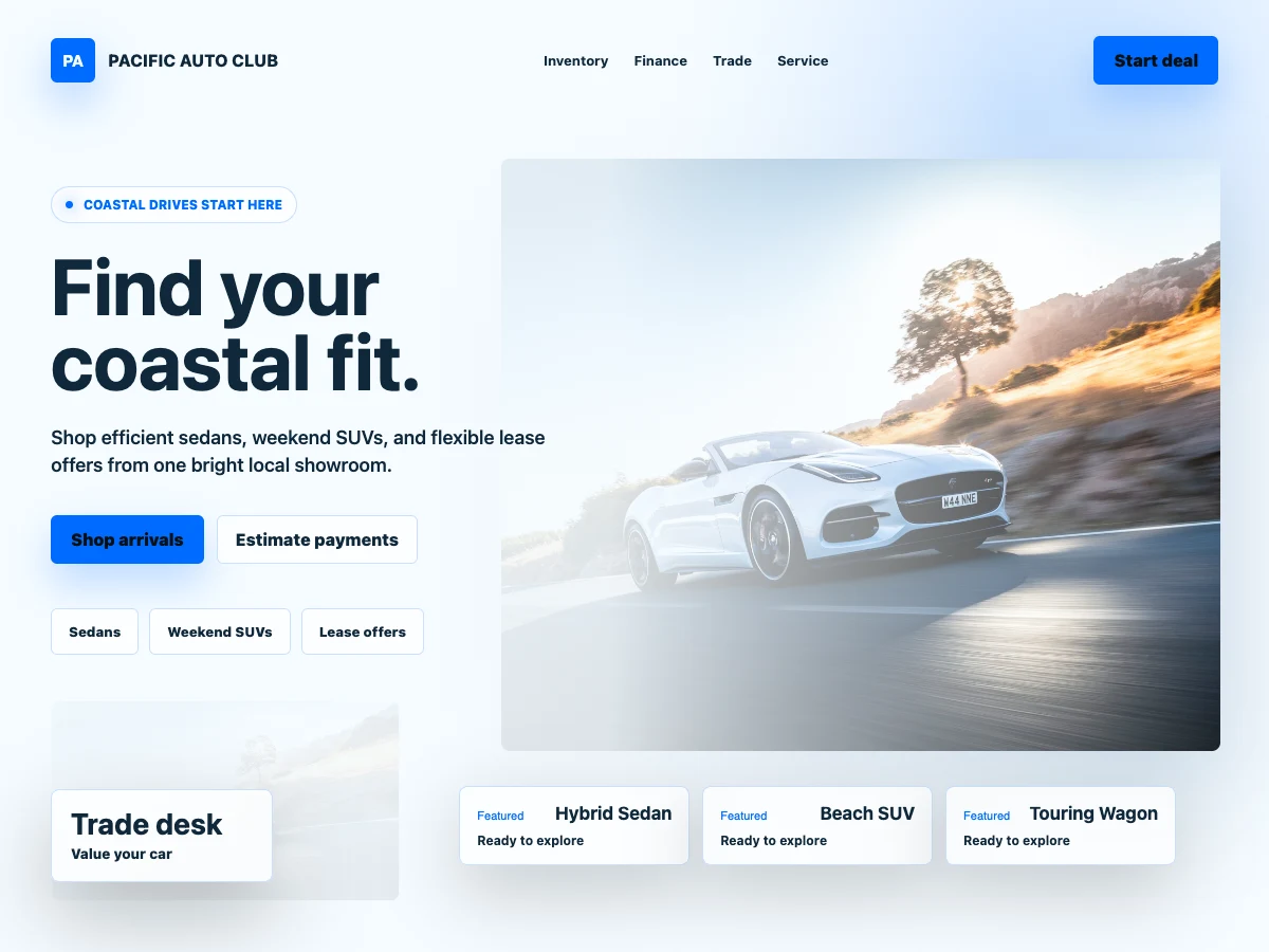 Pacific Auto Club desktop website concept with a coastal driving theme