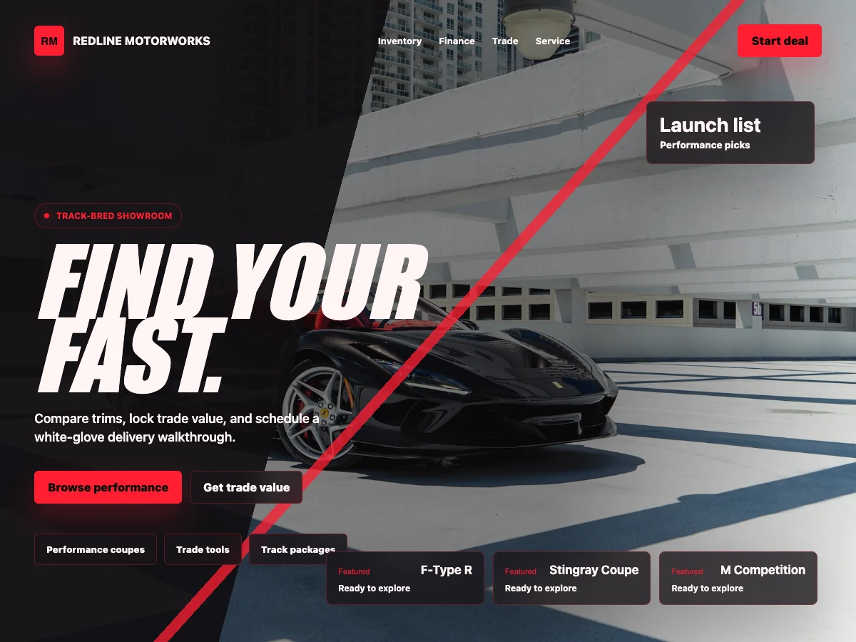 Redline Motorworks desktop performance-car website concept