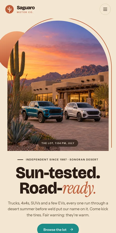 Saguaro Motor Co., an example desert dealership website, on a phone