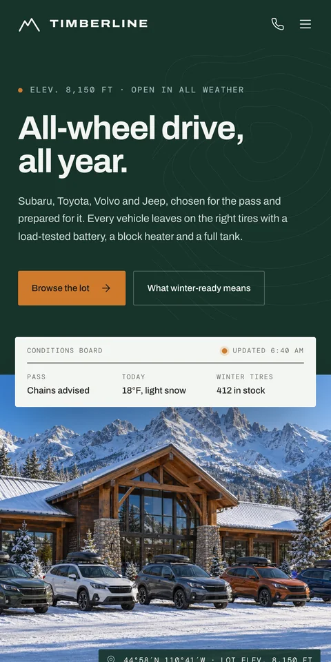 Timberline Motors, an example mountain-town dealership website, on a phone