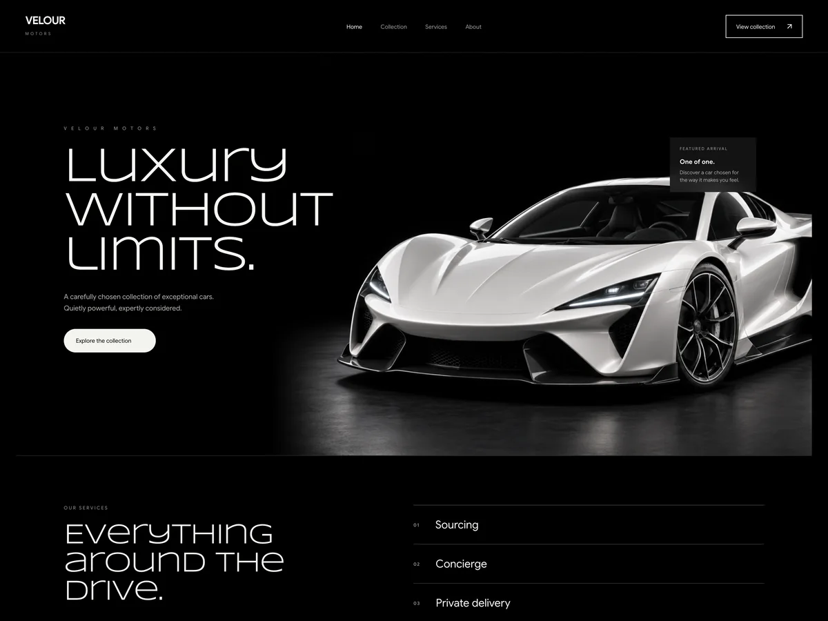 Velour Motors, an example luxury dealership website, on desktop